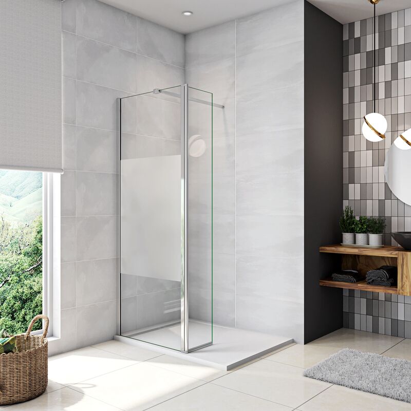 foto del prodotto walk in doccia 90x200cm due pareti 60 30 cm vetro 8mm temperato anticalcare fascia opaca centrale anti frantumi barra stabilizzatrice 90cm cromo