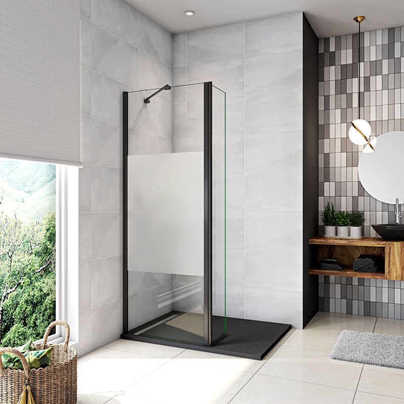 foto del prodotto walk in doccia 90x200cm due pareti 60 30 vetro 8 mm temperato anticalcare antifrantumi fascia opaca barra stabilizzatrice 45 cm nera opaca