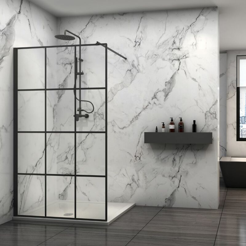 foto del prodotto walk in doccia black con riquadro profilo nero cristallo 8 mm misure 87 89xh200 cm confezione 1 ogomondo