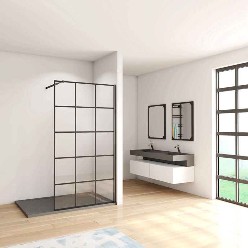foto del prodotto walk in doccia misura 100x200cm parete fissa in vetro temperato 8 mm anticalcare serigrafato nero con riquadri barra stabilizzatrice da 73-120cm telaio nero opaco