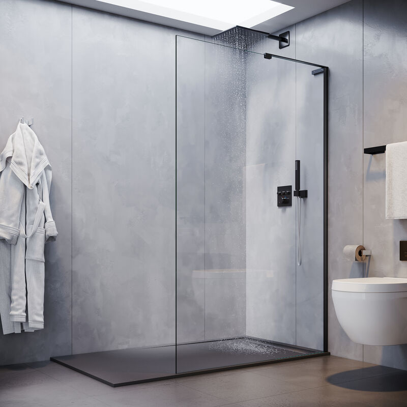 foto del prodotto walk in shower 120 cm schermo doccia nero vetro nano rivestito con pellicola antisfondamento parete divisoria in vetro per doccia con stabilizzatore