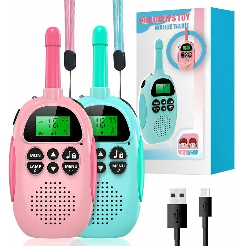foto del prodotto walkie talkie rotanti per bambini, walkie talkie ricaricabili vox con radio bidirezionale a 16 canali, torcia lcd retroilluminata, 3km per avventure