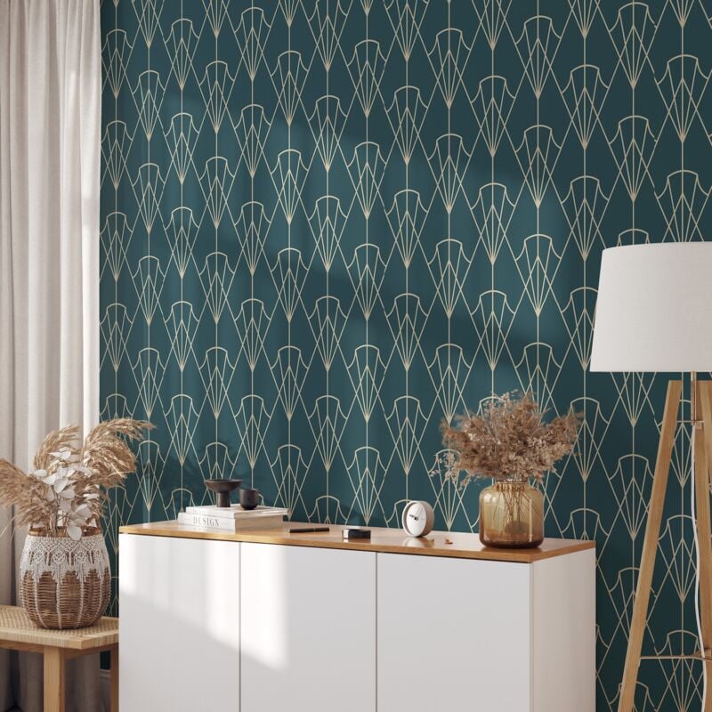 foto del prodotto wallpapers4beginners carta da parati art d co anni 30 verde petrolio in fogli di carta, 250x200cm