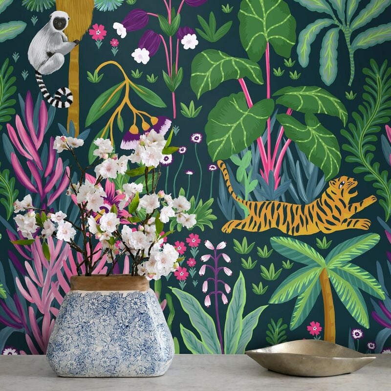 foto del prodotto wallpapers4beginners carta da parati giungla tropicale con scimmie e tigre in fogli di carta, 250x200cm
