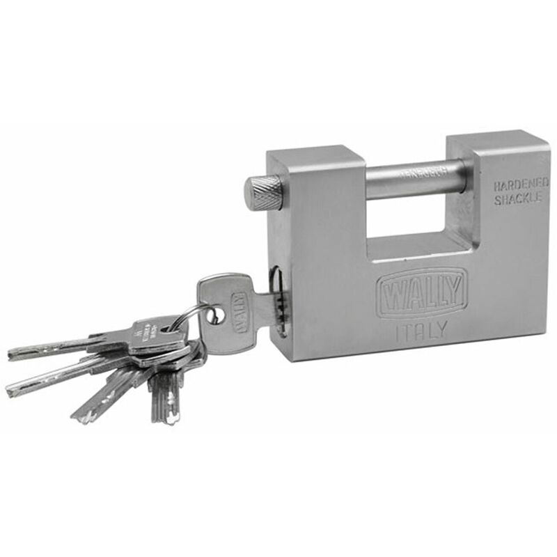 foto del prodotto wally lucchetto acciaio monoblocco antiscasso 84mm acciaio cementato x serranda 5 chiavi eu