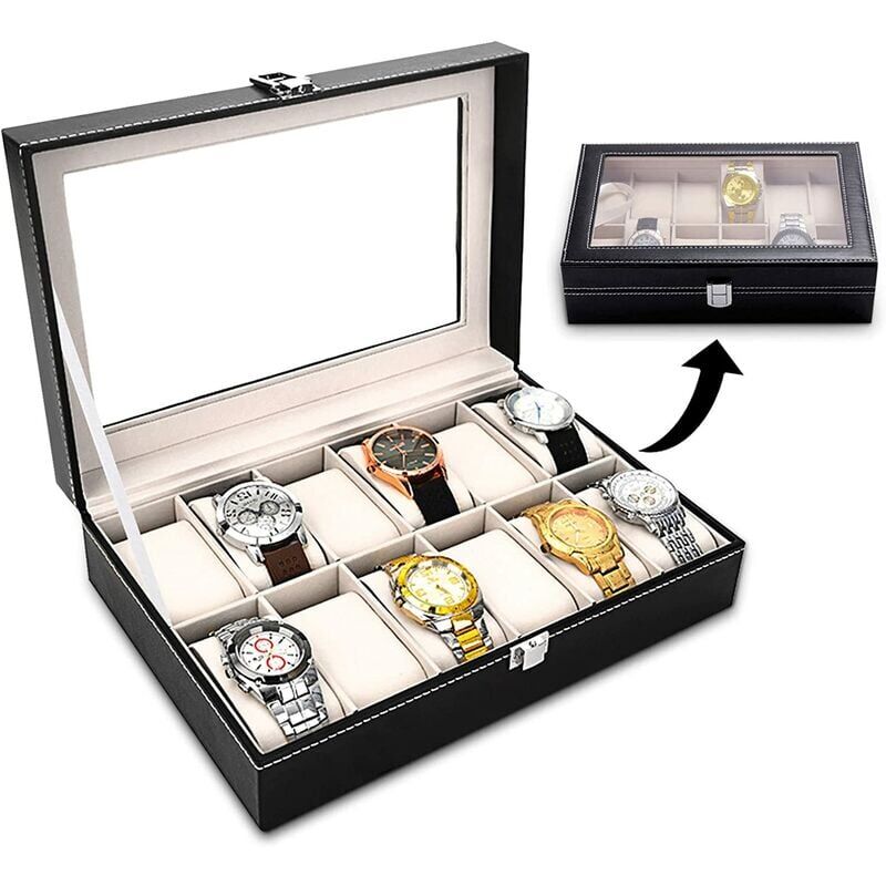 foto del prodotto watch box, storage box, watch display, watch box, 12 grids, black beige