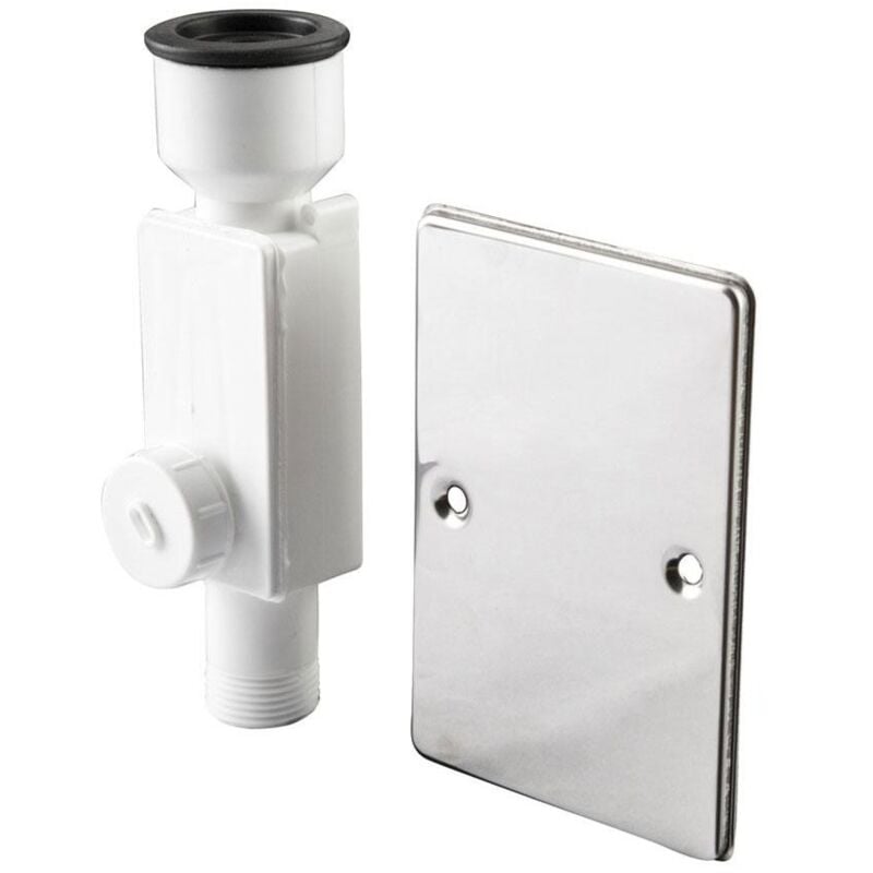 foto del prodotto wavin sifone scarico condensa ad incasso in polipropilene bianco con placca di fissaggio cromata 110x160 mm m721