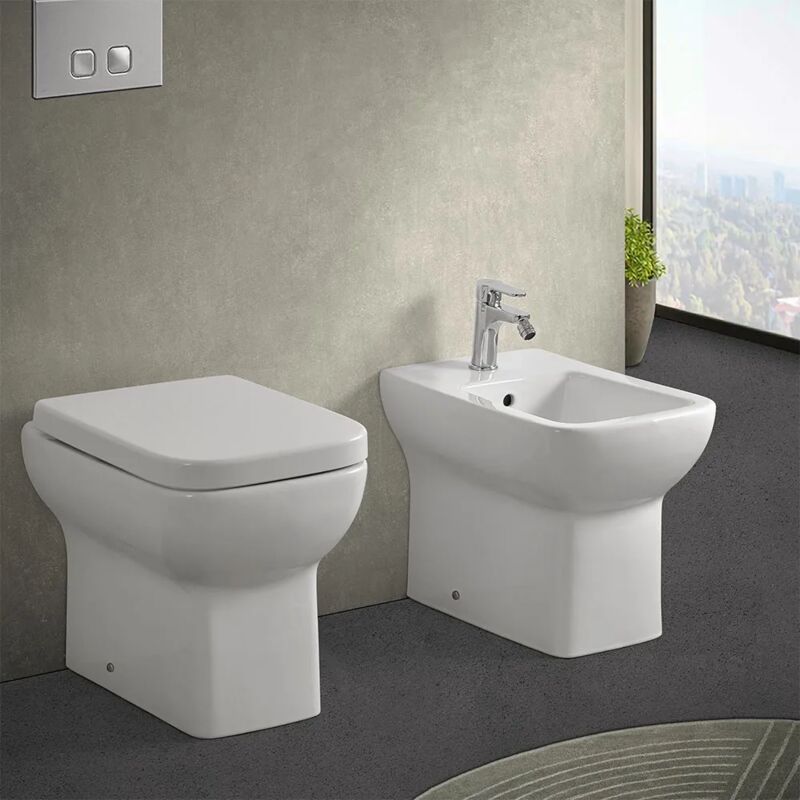 foto del prodotto wc e bidet filomuro salvaspazio rimless e sedile originale soft close ginevra