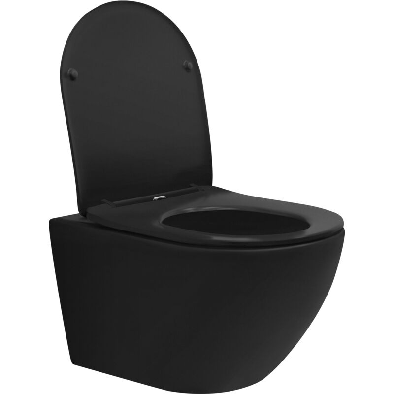 foto del prodotto wc sospeso da parete senza bordo a muro lungo 52 cm nero opaco di ceramica con sedile rimovibile in duroplast meccanismo di chiusura rallentata