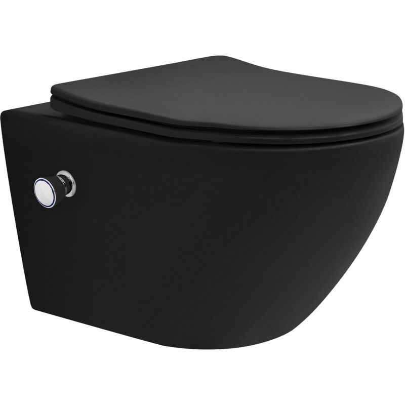 foto del prodotto wc sospeso senza bordo in ceramica nero con funzione bidet sedile soft close in duroplast chiusura ammortizzata sciacquone tornado vaso toilette