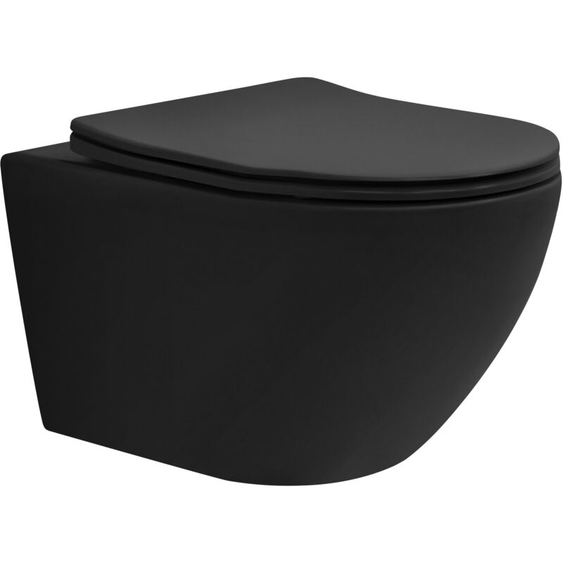 foto del prodotto wc sospeso senza bordo in ceramica nero e sedile soft close in duroplast chiusura ammortizzata sciacquone tornado vaso toilette design moderno con