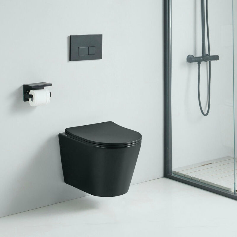 foto del prodotto wc sospeso tercero nero opaco senza bordo e con chiusura ammortizzata