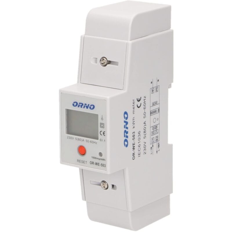 foto del prodotto we 503 contatore energia elettrica monofase 80a indicatore supplementare uscita a impulsi pulsante reset 2 moduli din th 35mm orno
