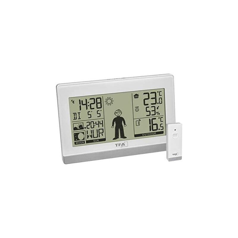foto del prodotto weather boy 35.1159.02 stazione meteorologica digitale con sensore esterno, temperatura interna ed esterna, fasi lunari, colore bianco tfa dostmann