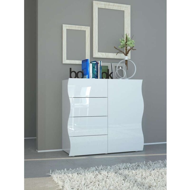 foto del prodotto web furniture madia bianco lucido con 1 ante e 4 cassetti credenza in legno da ingresso