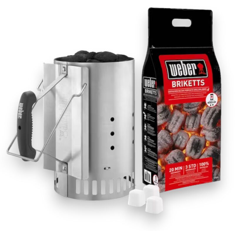 foto del prodotto weber ciminiera kit accensione carbonella briquettes e legna con cesto spargifiamma in acciaio 2 kg carbonella rapid fire
