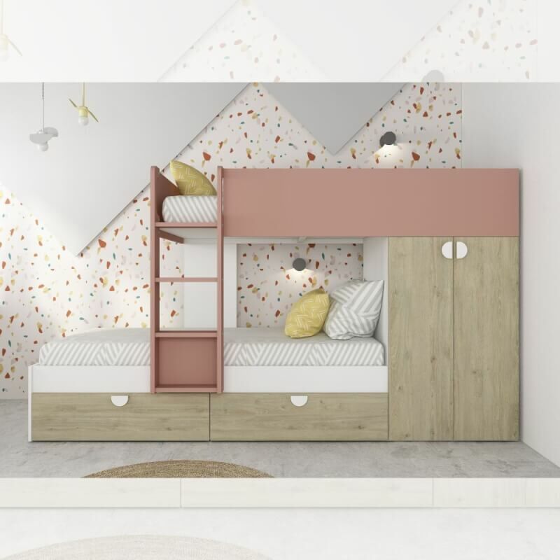 foto del prodotto webmarketpoint cameretta con letto a castello con cassettoni e armadio colore rovere e rosa antico
