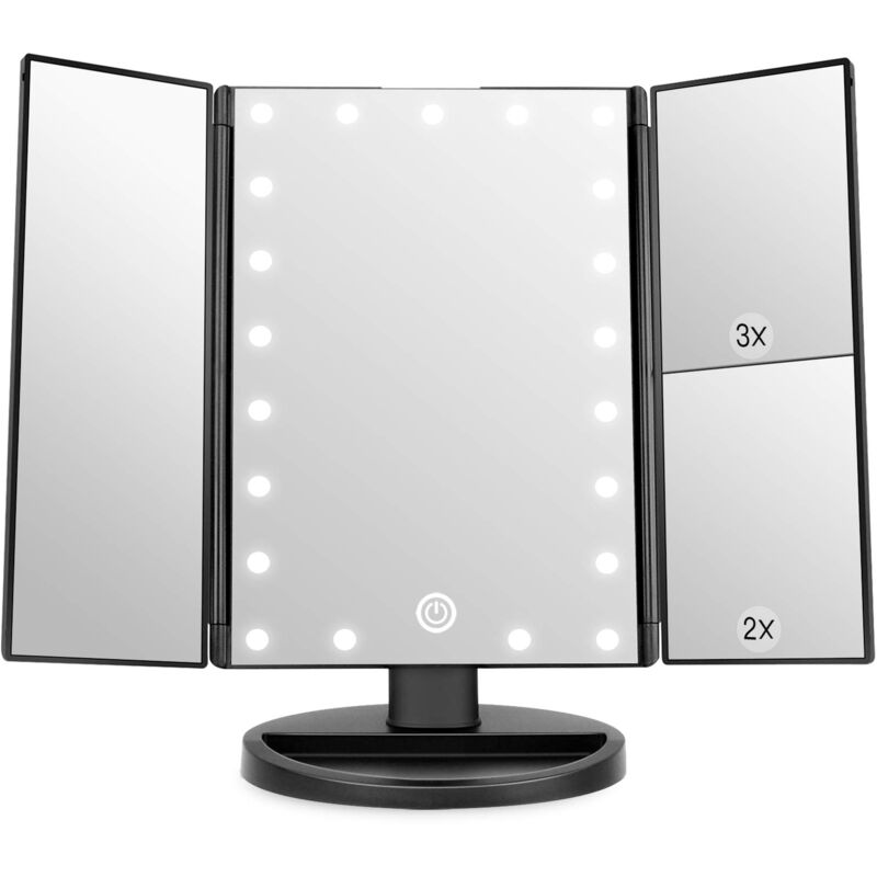 foto del prodotto weily specchio per il trucco, 1x 2x 3x specchio cosmetico illuminato con touch screen, led specchio trifold dimmerabile, rotazione libera di 180 ,