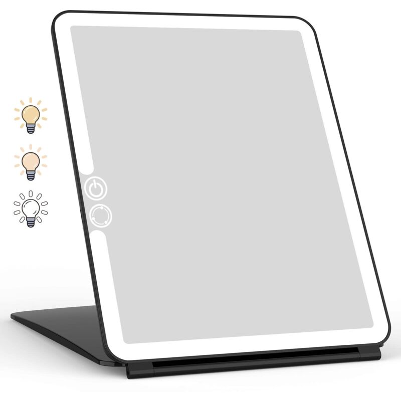 foto del prodotto weily specchio trucco con 72 luci led, touch screen tre colori regolabile, 2000 mah usb ricaricabile specchio da viaggio nero 