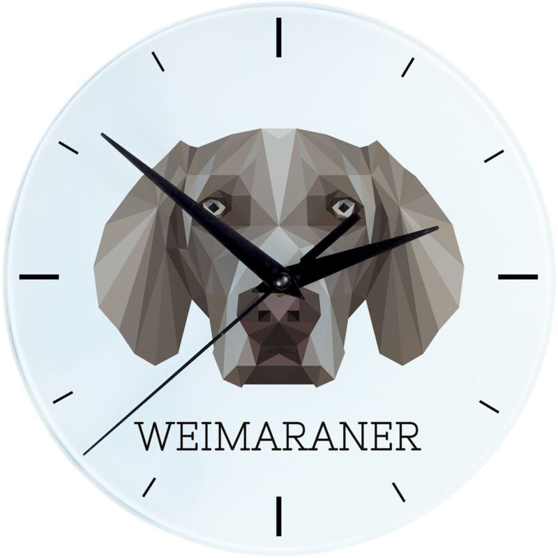 foto del prodotto weimaraner, weimaraner orologio da parete geometrico con foto e scritta del marchio art dog