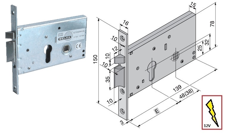 foto del prodotto welka serratura metallo infilare elettrica 302 b.q zinc f.mm 16 f.sa scr f h.mm 78 e.mm 60 dx sx 1 pezzo