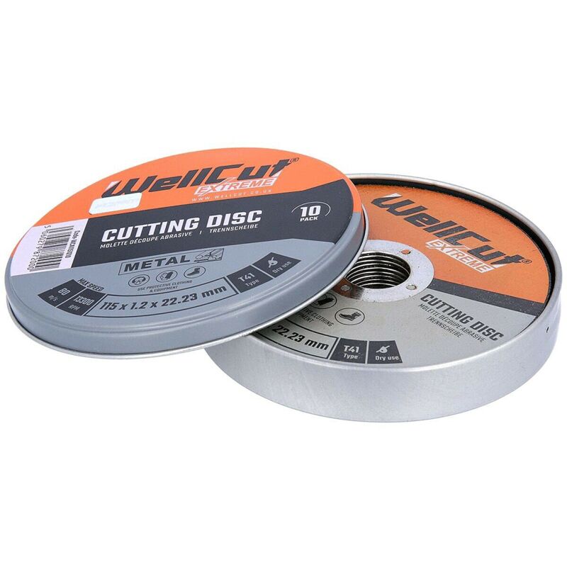 foto del prodotto wellcut wca1152 10 disco da taglio extreme da 115 mm, confezione da 10 , scatola in metallo per dga452, dga454, ga4530r 1 , 115 x 1,2 x 22,23 mm