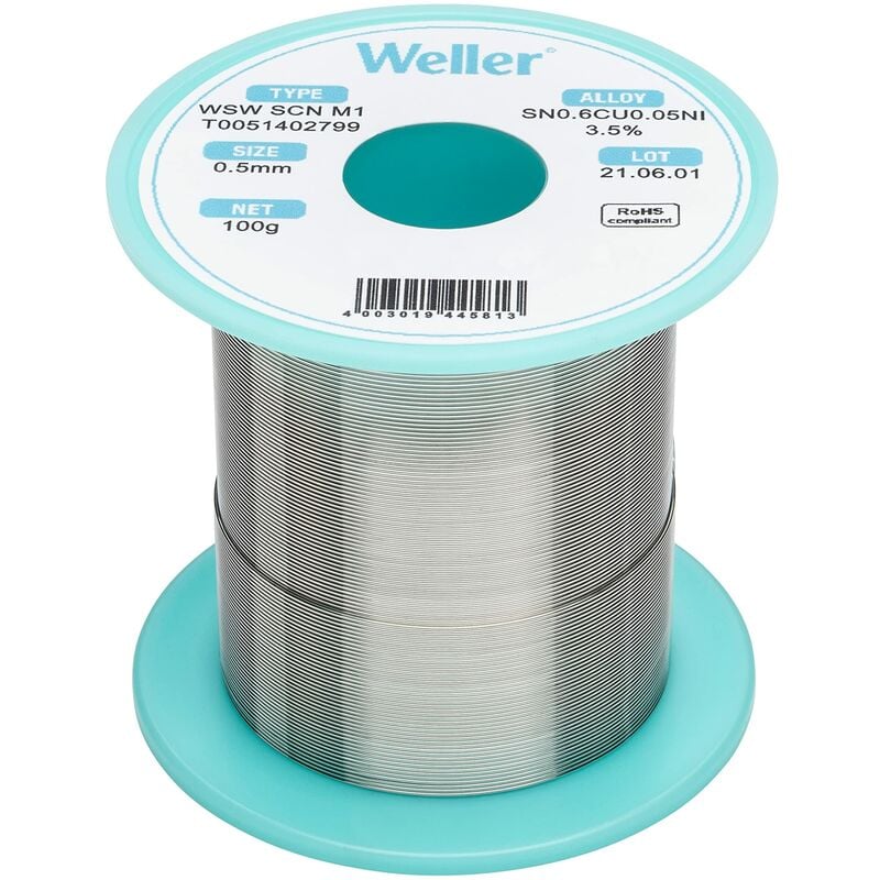 foto del prodotto weller wsw scn m1 t0051402799 filo saldante, 0.5mm, 100g, lega sn99.3cu0.6ni0.05, contenuto di fondente 3,5 