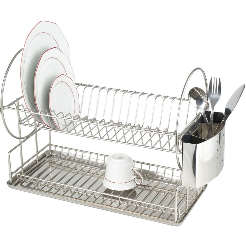 foto del prodotto wenko 2329100 scolapiatti exclusiv duo, ripiano per piatti e tazze, cestello per le posate, vaschetta raccogligocce, 49 x 33 x 21 cm, argento opaco