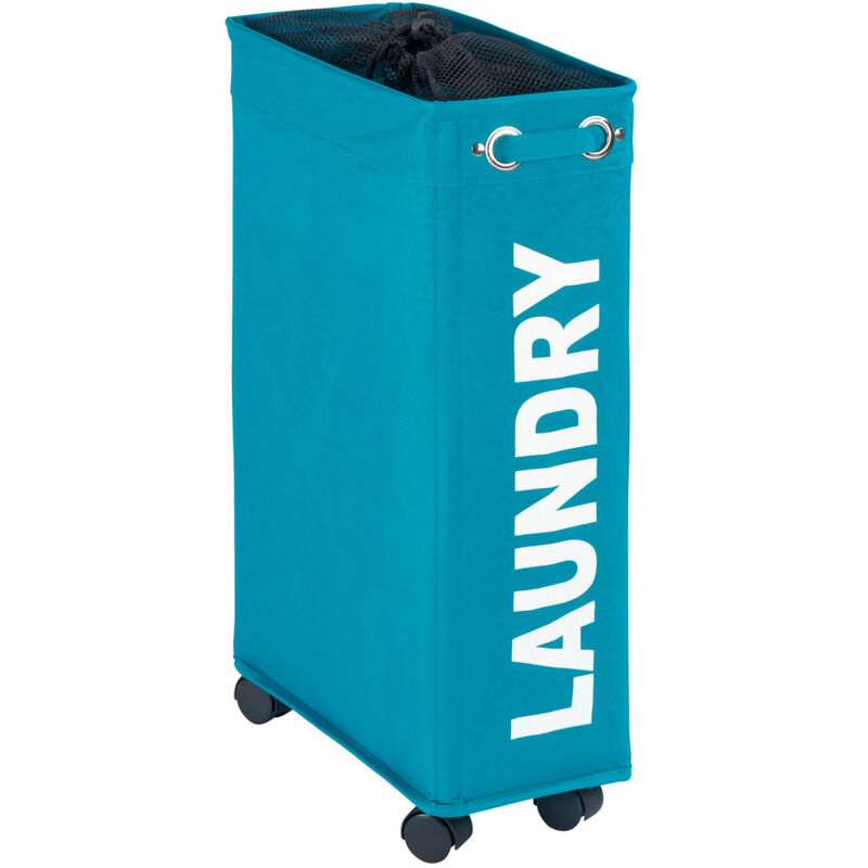 foto del prodotto wenko cesto per la biancheria stretto laundry, cesto su ruote, corno, capacit 43 l, poliestere, 18.5x60x40 cm, turchese
