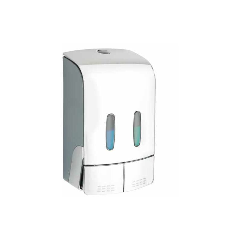 foto del prodotto wenko - distributore di sapone liquido da parete tartas, distributore di gel igienizzante da parete, senza foratura, capacità 2x480 ml, plastica, 14,5x24x9 cm, cromato