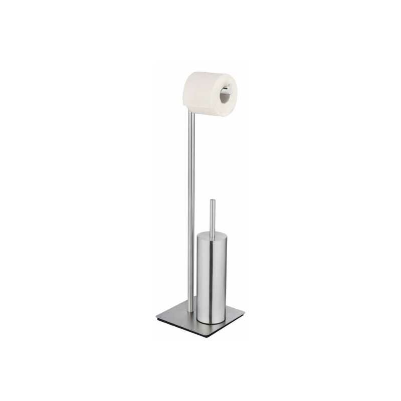 foto del prodotto wenko kit di accessori per wc a terra recco, porta spazzola wc e distributore di carta igienica in acciaio inossidabile satinato su una pesante