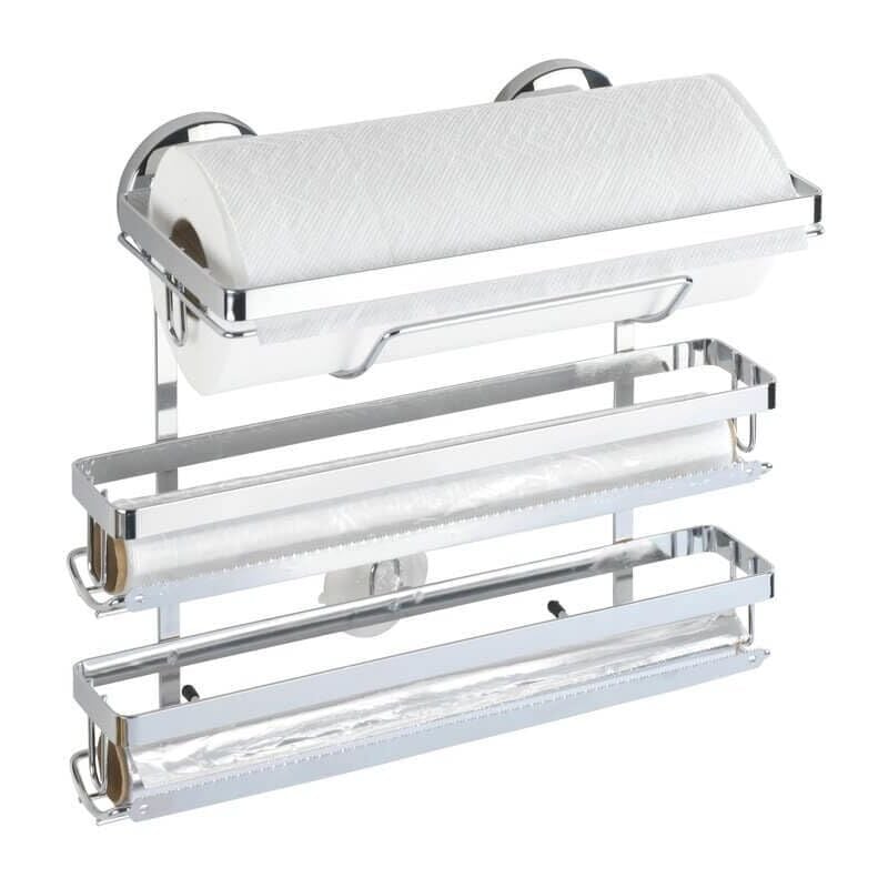 foto del prodotto wenko magic loc portarotolo da cucina trio, per 3 diversi rotoli, fissaggio senza trapano, metallo cromato, 33 x 32 x 16 cm, argento lucido 