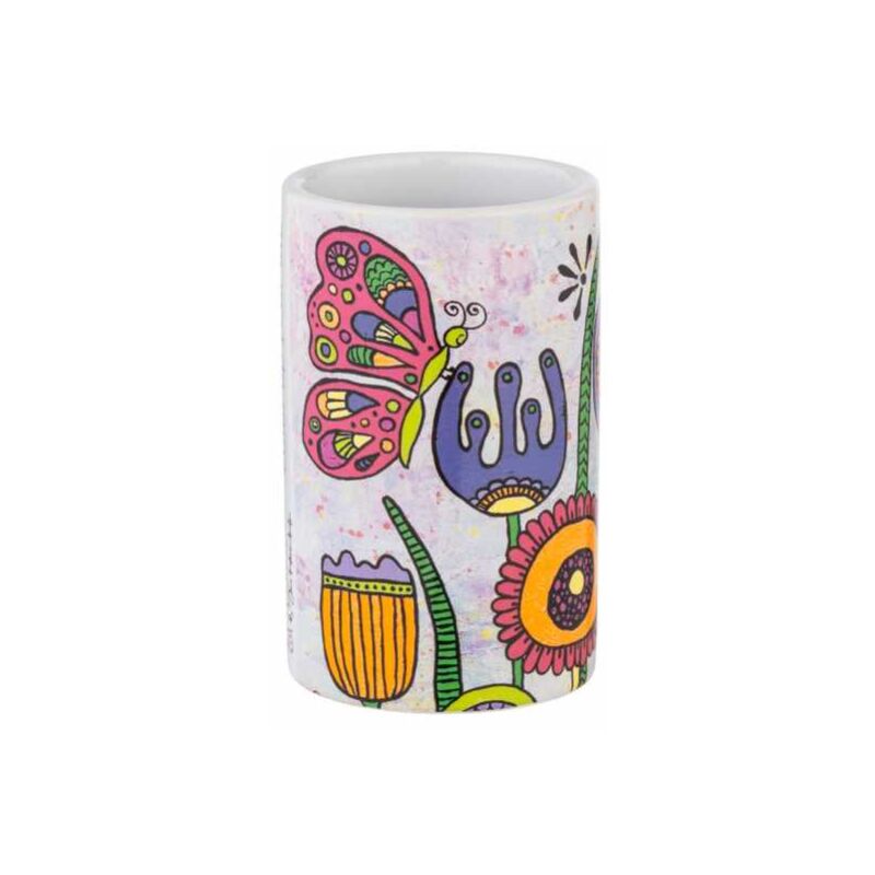 foto del prodotto wenko portabicchieri per spazzolini rollin art full bloom, portaspazzolino in ceramica di alta qualit con stampa di un campo di fiori colorato,