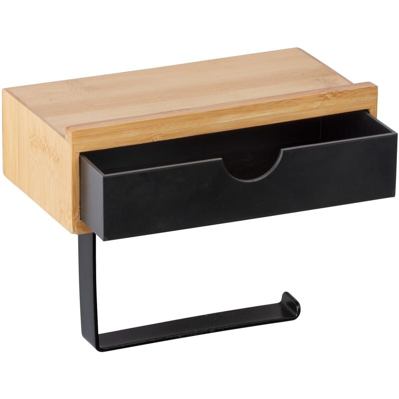 foto del prodotto wenko portarotolo da parete in legno bambusa, con supporto per smartphone e cassetto portaoggetti, in bamb , 18,5x14x10,5 cm, nero marrone