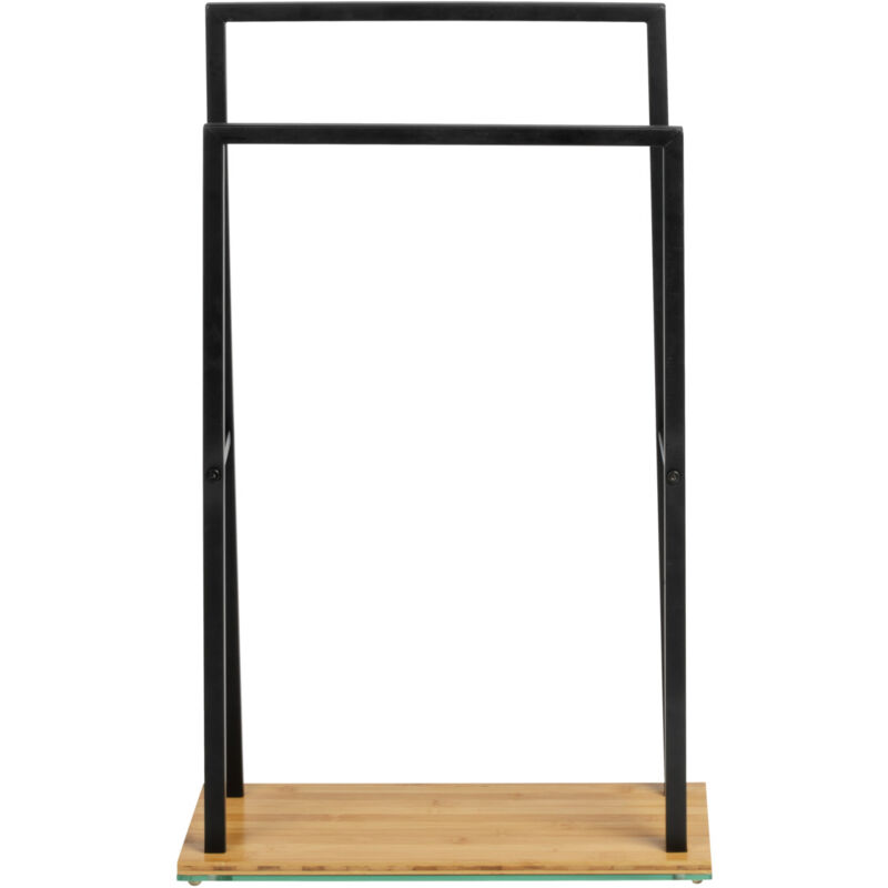 foto del prodotto wenko - portasciugamani da bagno a terra, con 2 barre portasciugamani, in acciaio - base in legno di bambù ponderata, 46x20x80 cm, nero - marrone