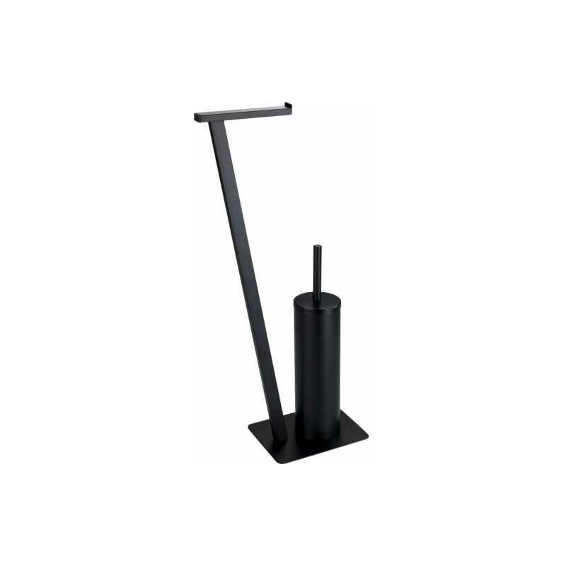 foto del prodotto wenko servitore wc 2in1 lirio, spazzola wc e portarotolo di carta igienica su piedistallo, acciaio inossidabile, 15x68,5x30 cm, nero opaco