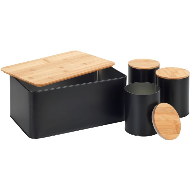 foto del prodotto wenko set di 4 contenitori per cucina, scatola per pane in metallo con coperchio tagliere in bamb e 3 scatole di conservazione in metallo con