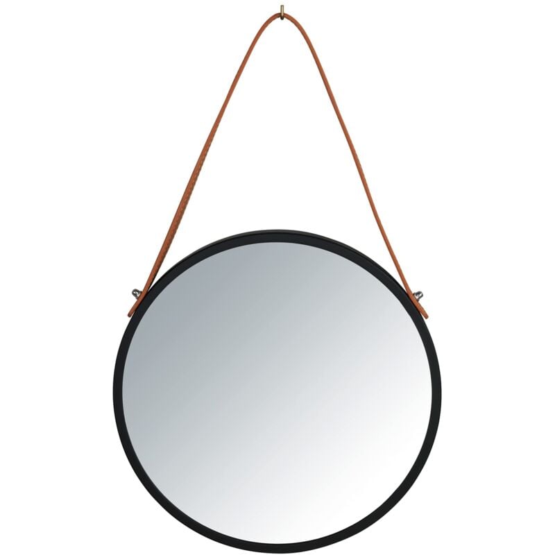 foto del prodotto wenko specchio rotondo da parete borrone, specchio con cornice in metallo di colore nero e cinghia per appenderlo, specchio decorativo dal design