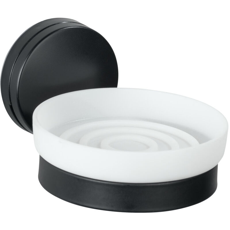 foto del prodotto wenko static loc plus portasapone pavia nero, piatto per sapone per conservare il sapone per le mani, installazione senza foratura, nero, acciaio