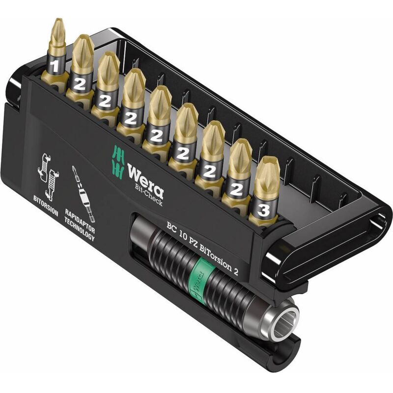 foto del prodotto wera bit check 10 pz bitorsion 2 05347153001 kit inserti 10 parti croce pozidriv bitorsion