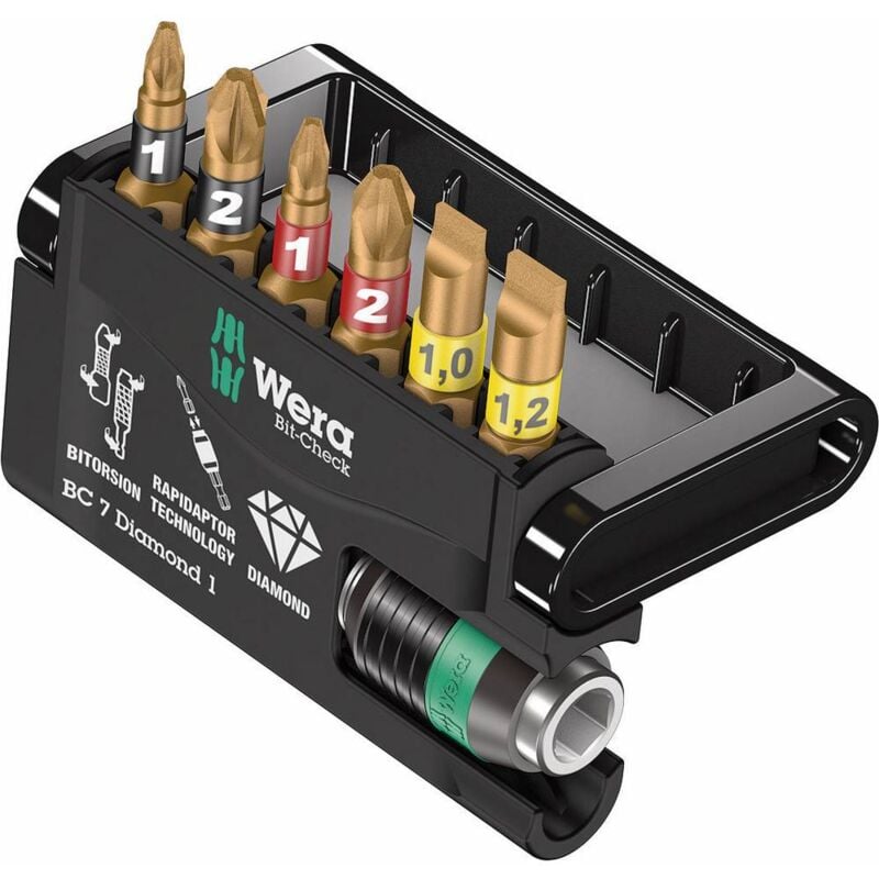 foto del prodotto wera bit check 7 diamond 1 05057416001 kit inserti 7 parti croce pozidriv, croce phillips, taglio bitorsion
