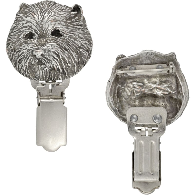 foto del prodotto west highland white terrier, westie spilla con clip, porta numero di partenza, distintivo argentato per esposizioni canine di art dog