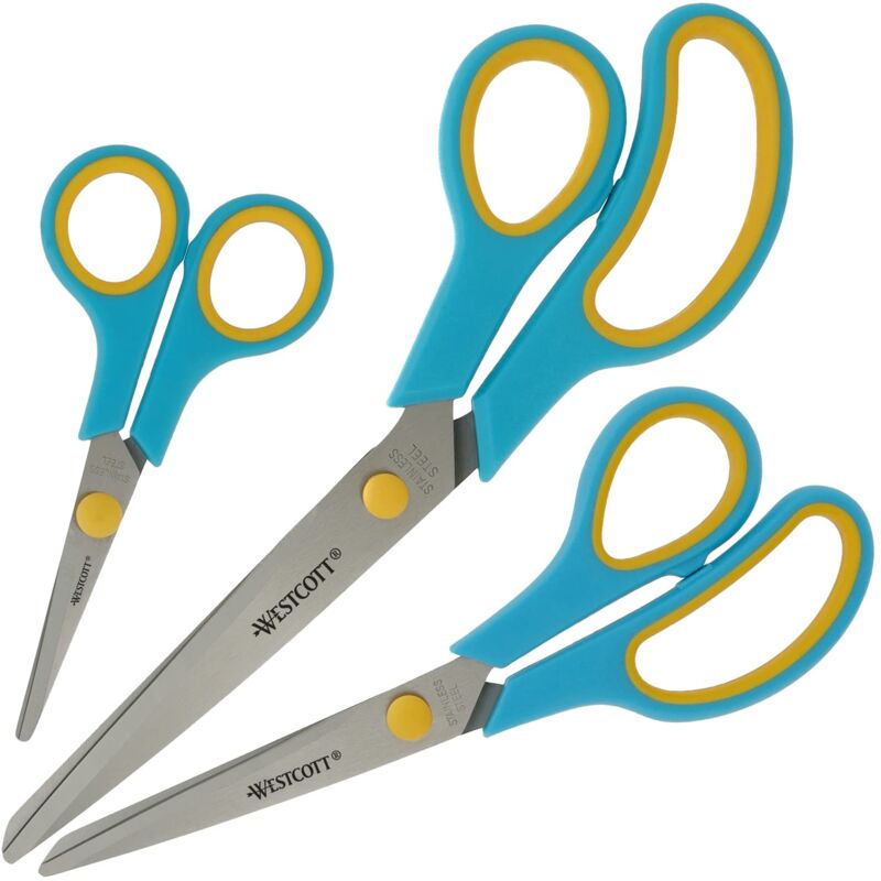 foto del prodotto westcott easy grip scissors 3 pezzi turchese set di 3 forbici universali con impugnatura confortevole lama in acciaio inox extra affilata e