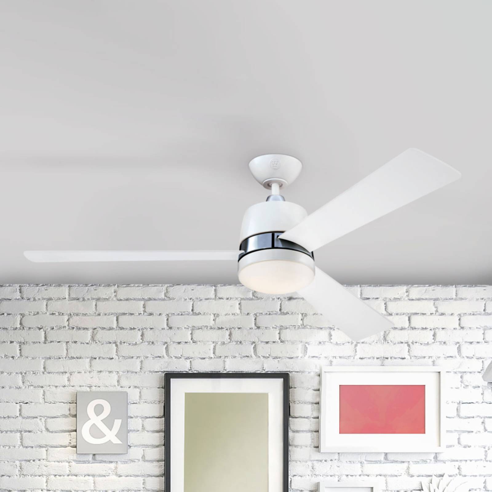 foto del prodotto westinghouse lighting 73038 tristan, moderno ventilatore da soffitto con luce e telecomando, 132 cm, finitura bianca con accenti in nichel