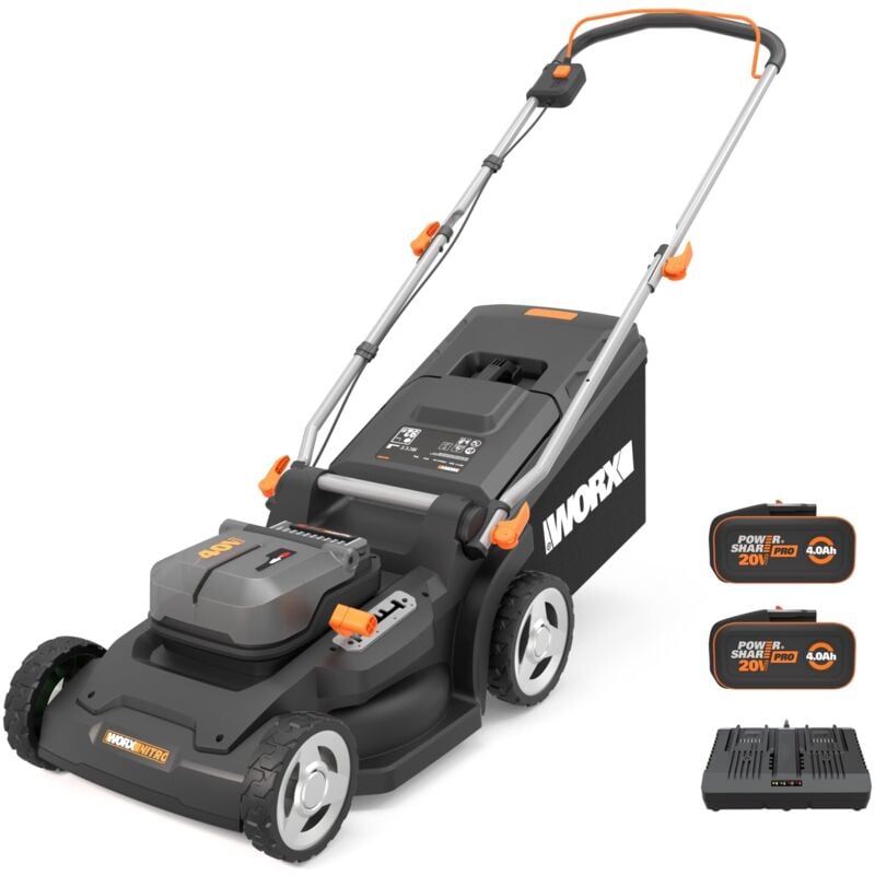 foto del prodotto wg737e nitro tosaerba a batteria 40 v 2 x 20 v potente motore brushless larghezza di taglio 37 cm 6 livelli di altezza di taglio 20 70 mm 
