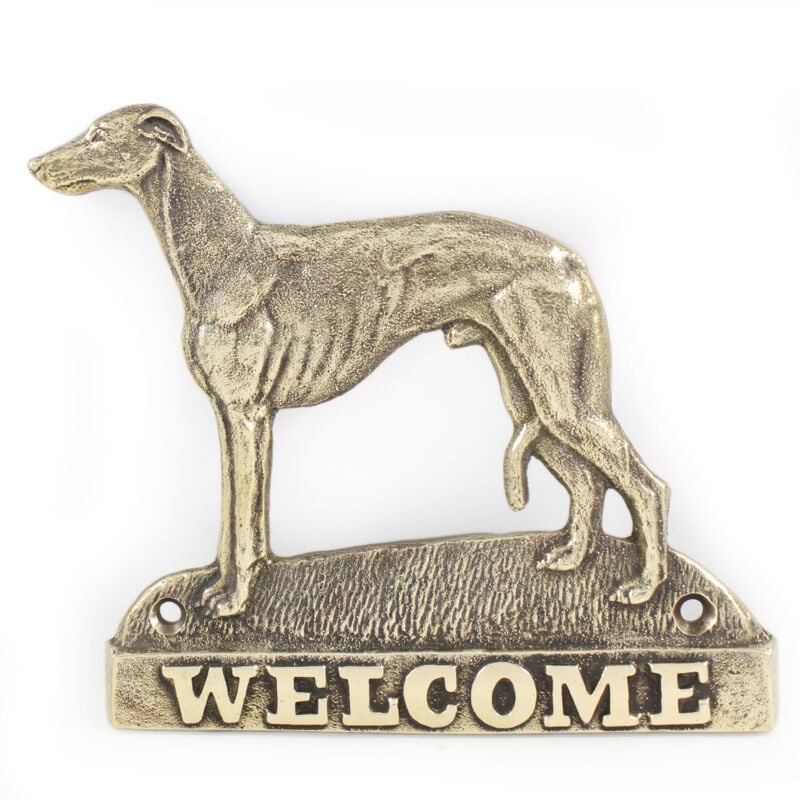 immagine 0 del prodotto whippet, levriero inglese cartello porta con un cane, targa di benvenuto in ottone, cartello unico con la scritta welcome di art dog