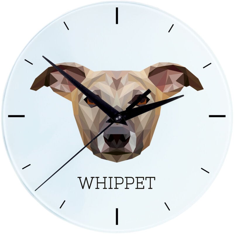 foto del prodotto whippet, levriero inglese orologio da parete geometrico con foto e iscrizione di art dog