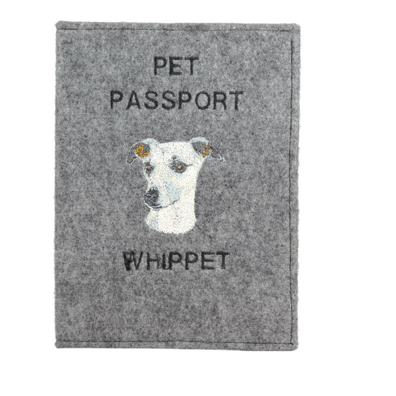 foto del prodotto whippet, levriero inglese portapassaporto per cani, portadocumenti, regalo per viaggiatori di art dog