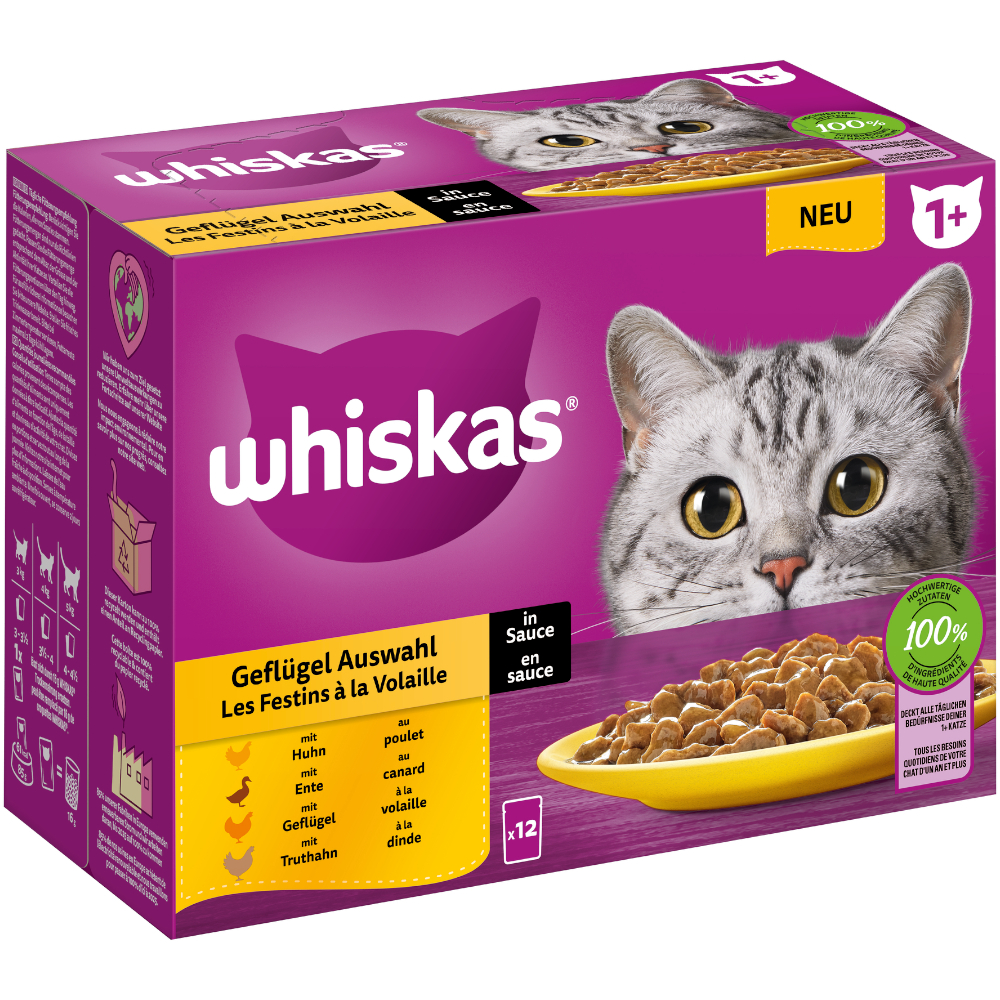 foto del prodotto whiskas 1 buste 12 x 85 g alimento umido per gatto selezione carni bianche in salsa