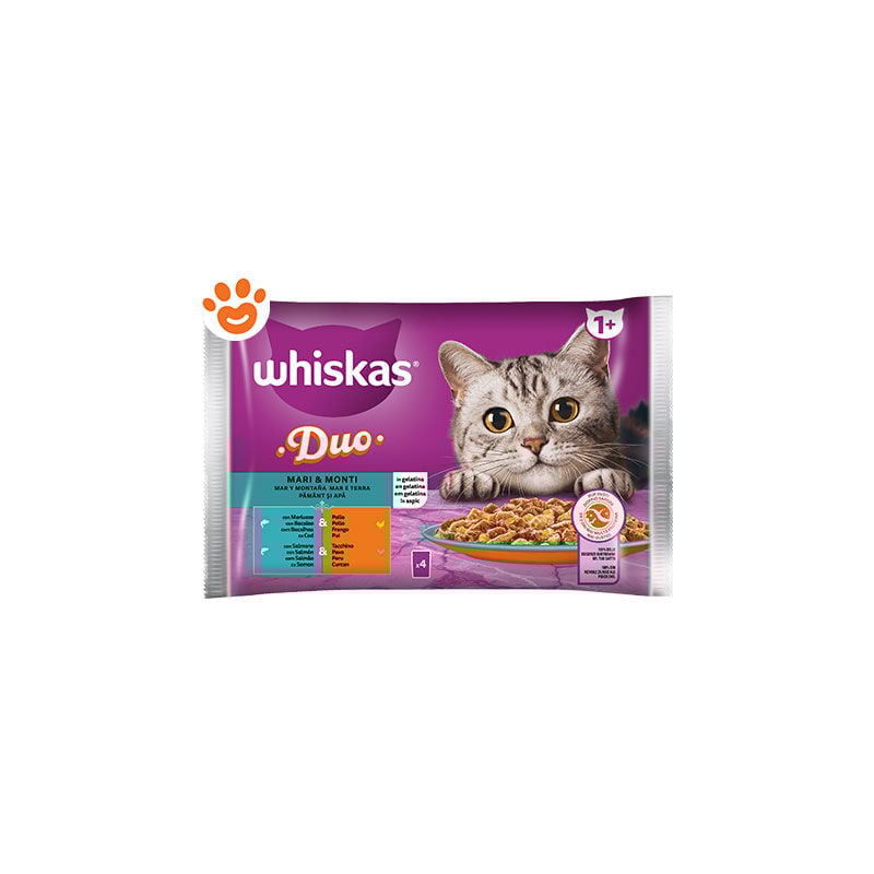 foto del prodotto whiskas cat duo mari monti in gelatina merluzzo e pollo, salmone e tacchino 1 cat duo mari monti in gelatina merluzzo e pollo, salmone e